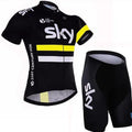 Men's short sleeve cycling suit set in black, blue, white, and yellow colour options, sizes XS to 3XL