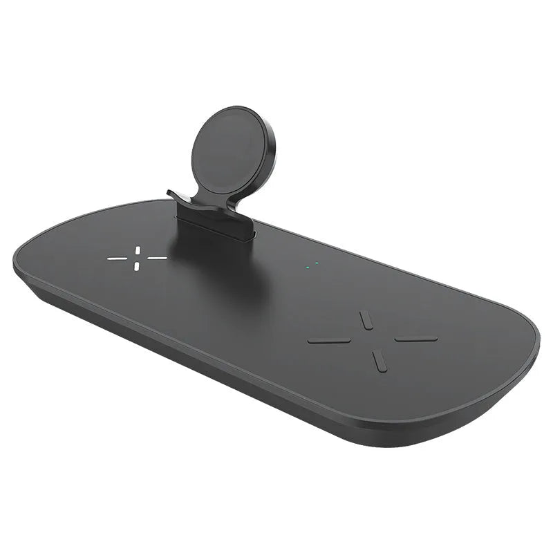 3 in 1 wireless charger in black with Galaxy Watch Active and earbuds placed on charging zones