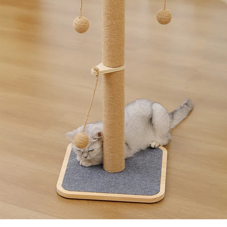 Simple modern cat climbing frame with a scratch-resistant hanging ball, made from pine wood and carpet leather.
