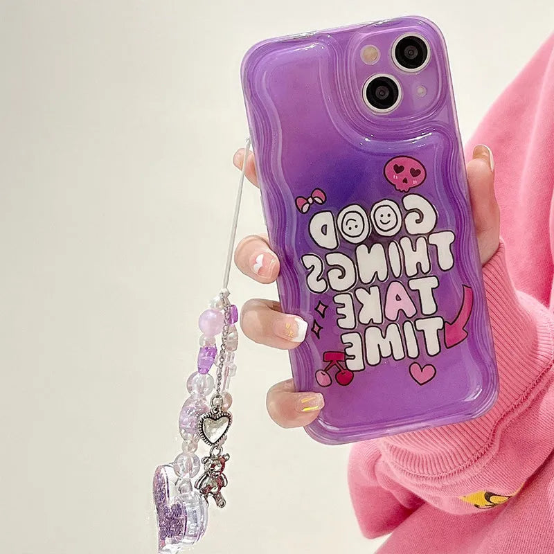 Purple English graffiti iPhone 14 mobile phone case with chain bracelet and love pendant
