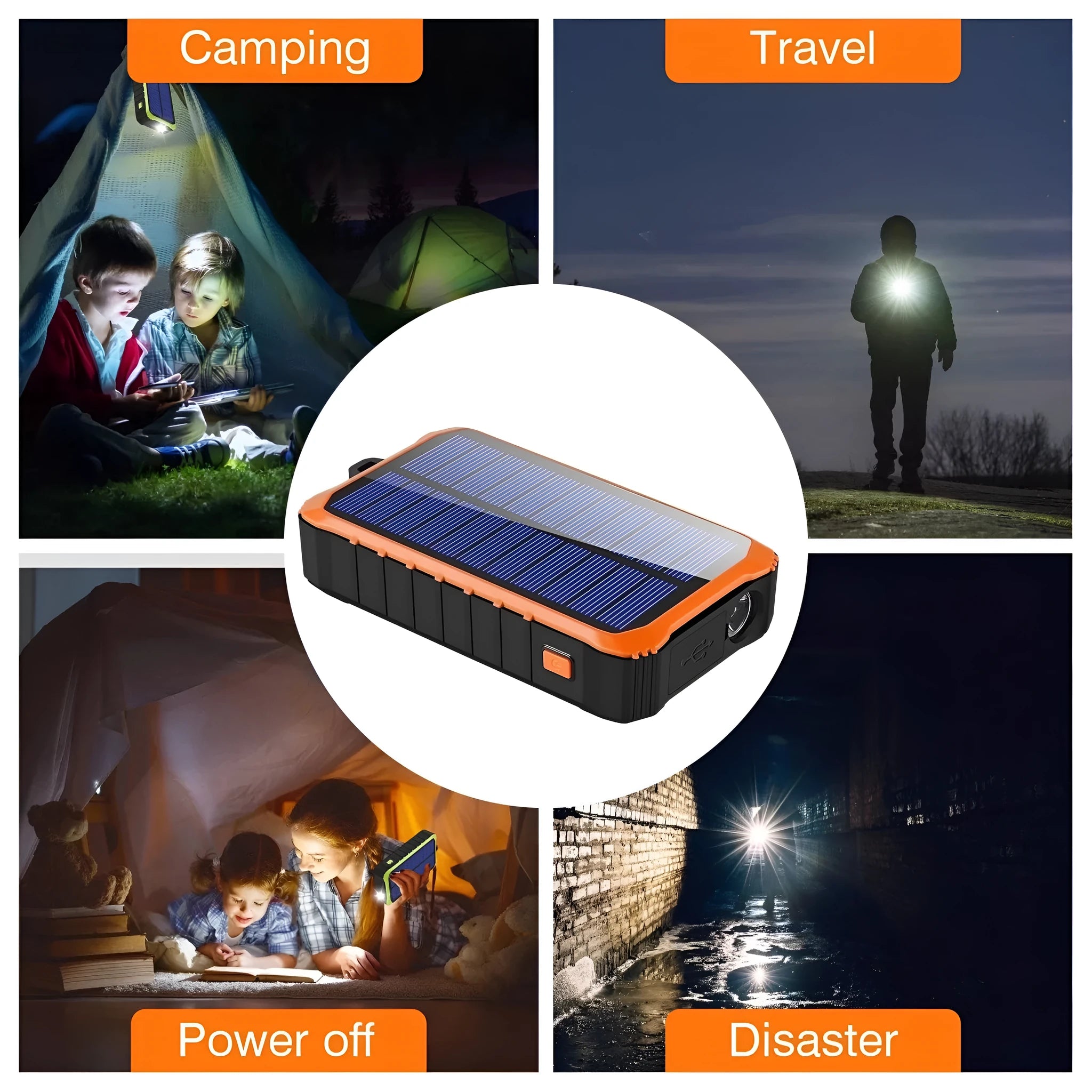 Orange portable solar power bank with hand crank and dual USB ports