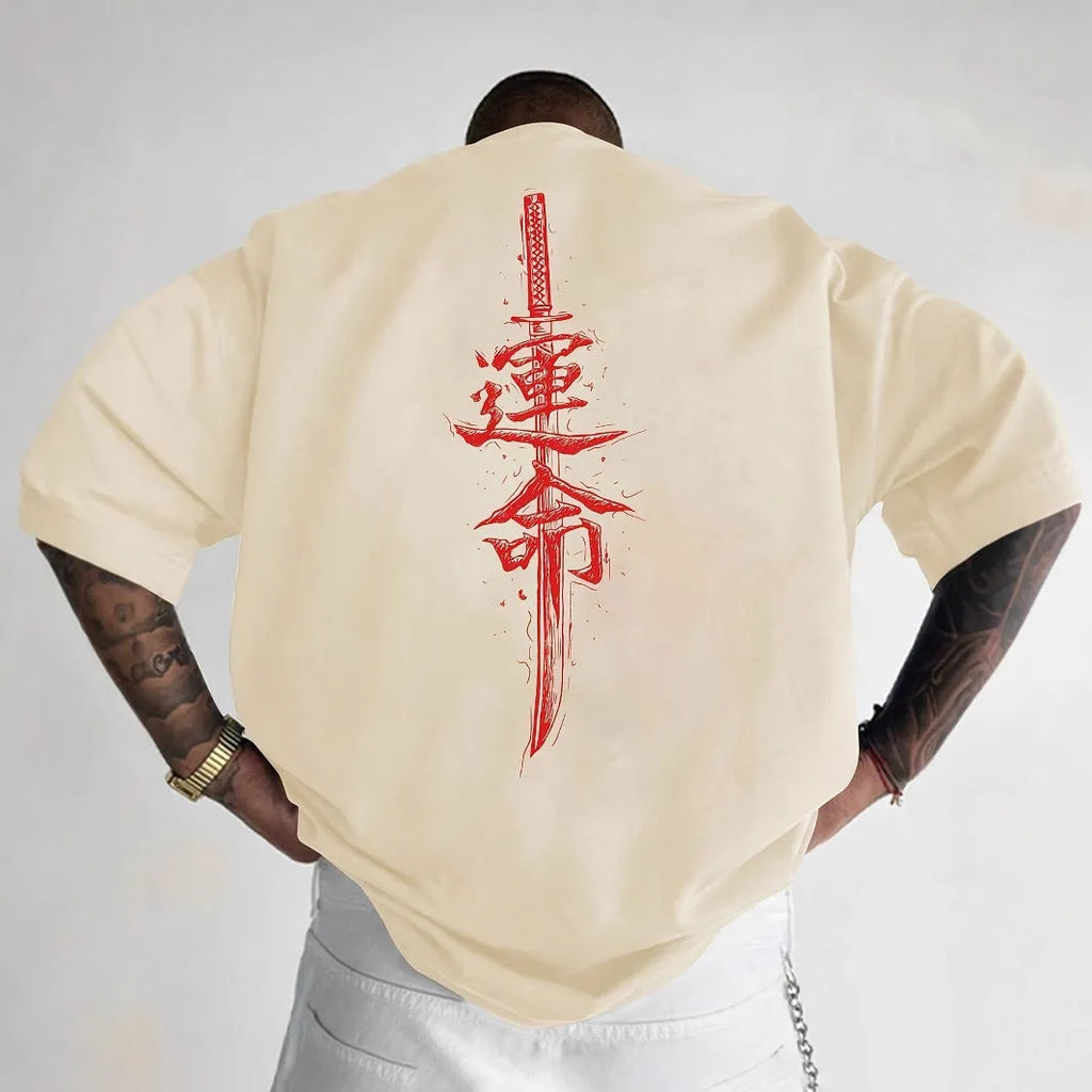 Men's loose fit combed cotton printed t-shirt in black with orange print, short sleeve pullover