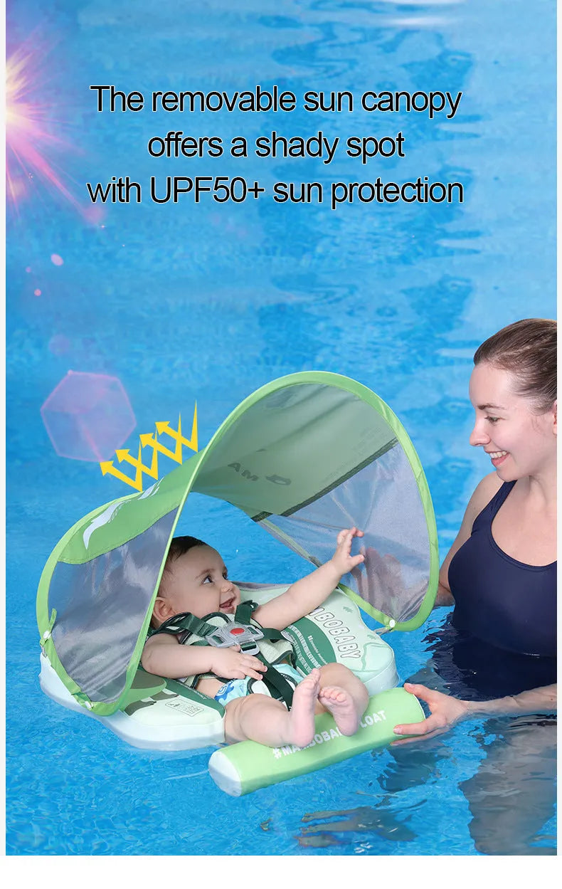 Dinosaur pattern baby inflatable swimming ring with integrated sun shade in green colour