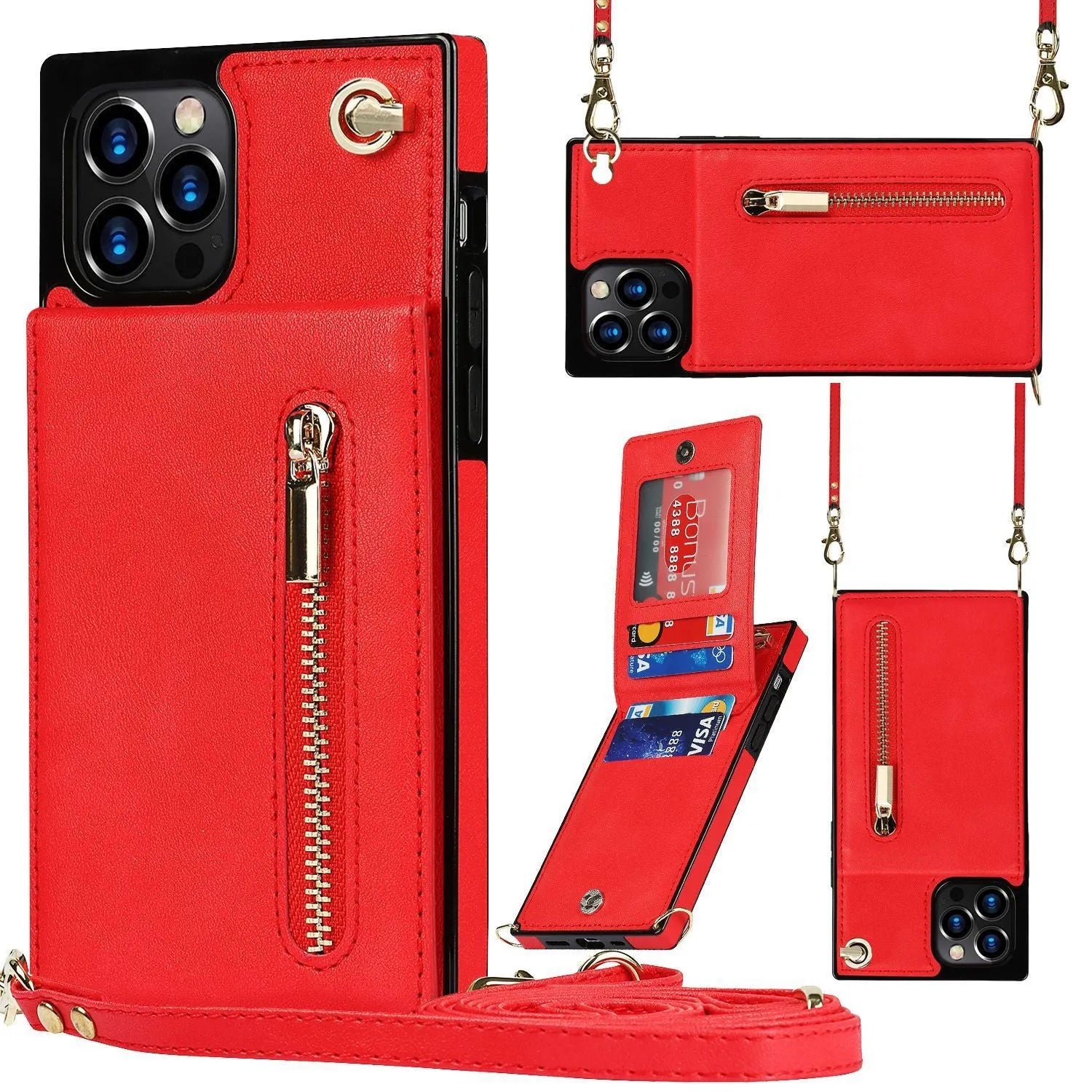 Crossbody phone case with zipper wallet and chain for iPhone 15, TPU leather in black