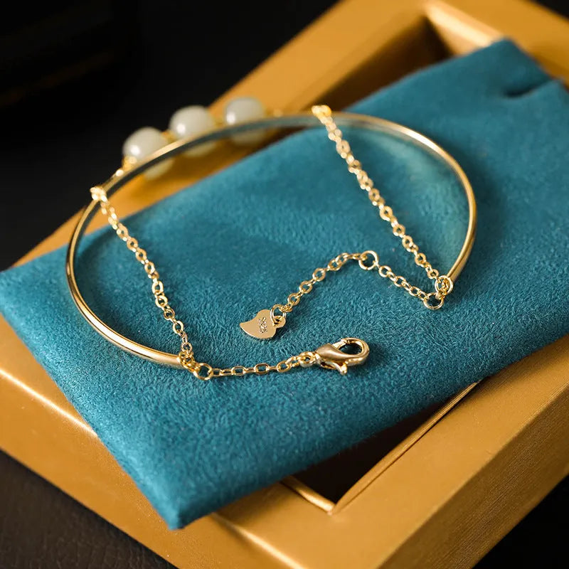 Hetian jade lucky beads bracelet with gold inlay in single, double, and triple bead versions