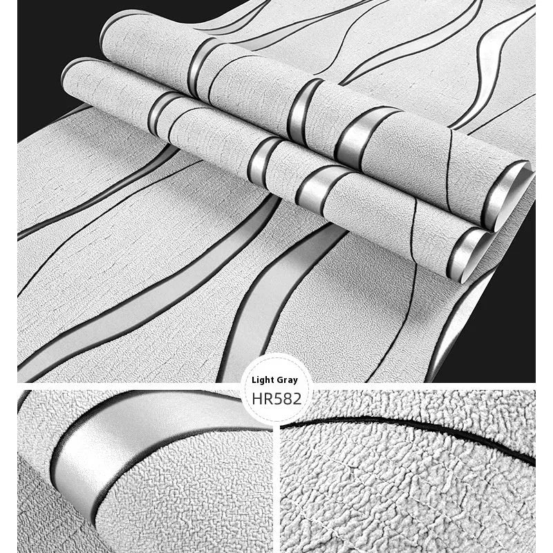 Curved stripe 3D textured wallpaper roll in deerskin velvet finish, light grey and dark brown colour options