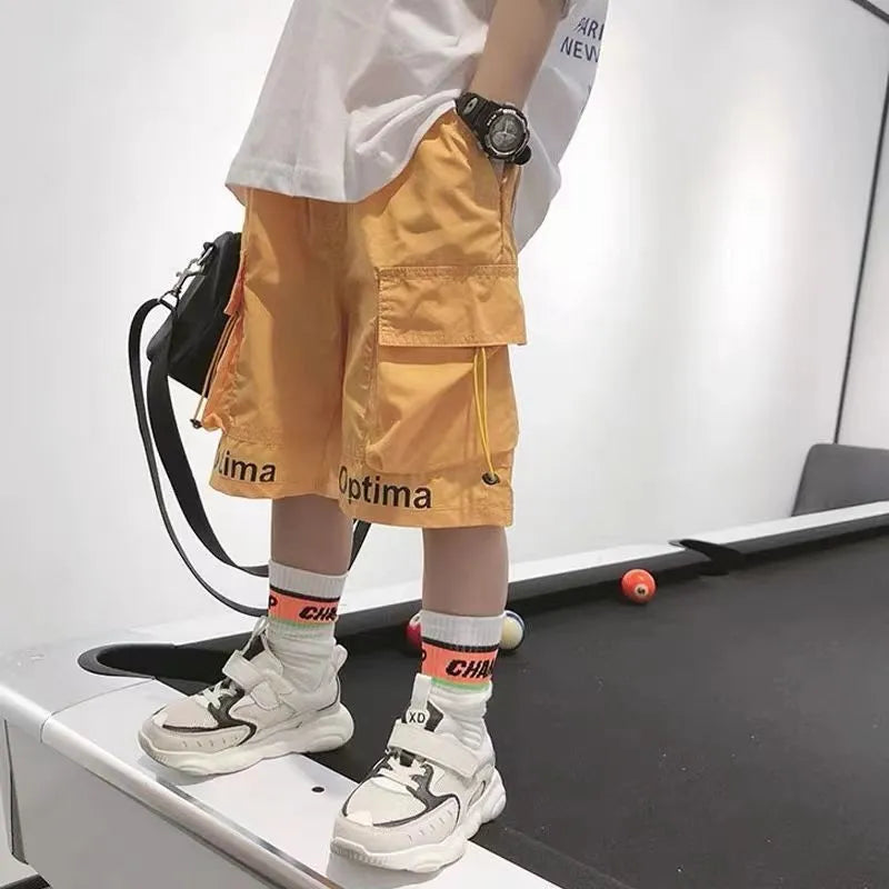 Summer boys cotton shorts with tether fly and cropped length in five colours black cyan green khaki yellow