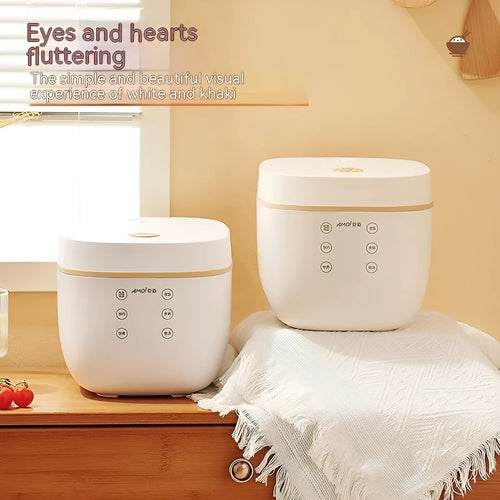 White or beige 3L multi-function rice cooker with black inner pot and included accessories