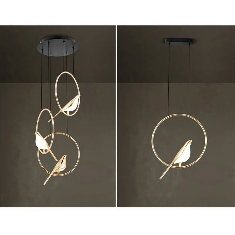 Modern minimalist magpie bird chandelier ceiling light in zinc alloy and acrylic.