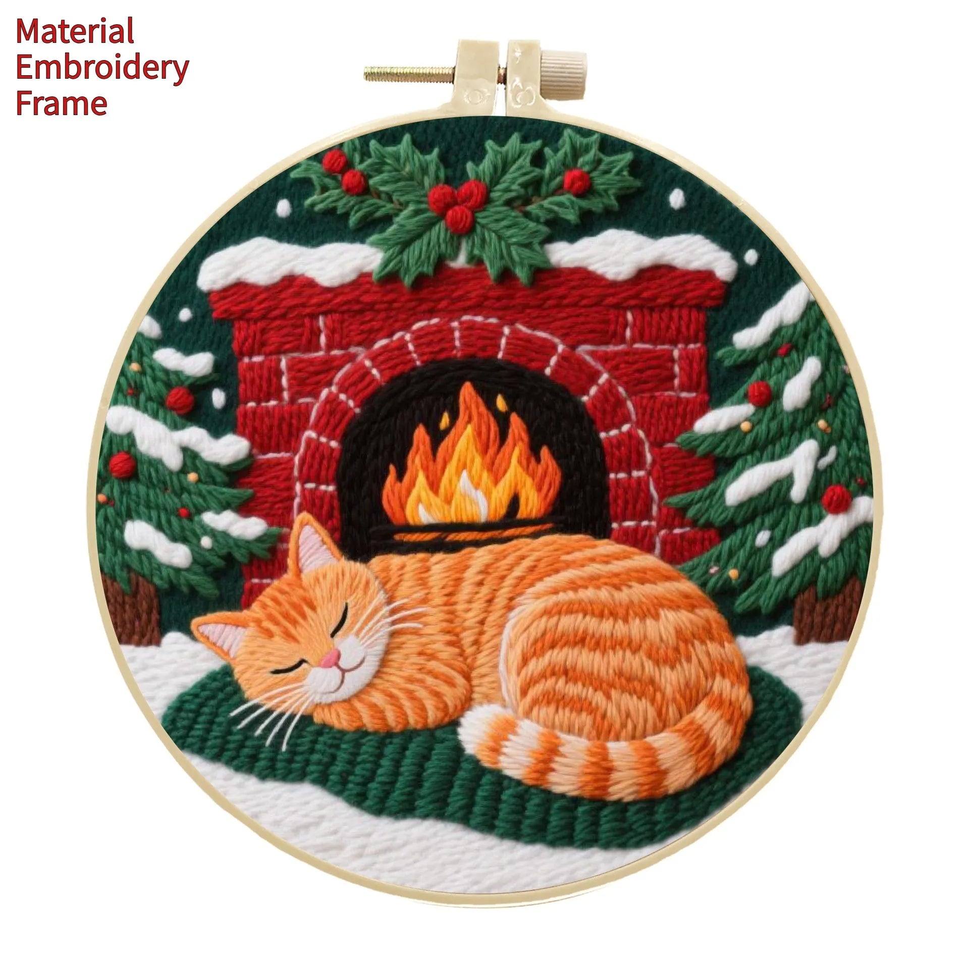 Cat-themed DIY embroidery kit showing Autumn Fruit pattern on cotton linen fabric with optional bamboo frame and scissors.