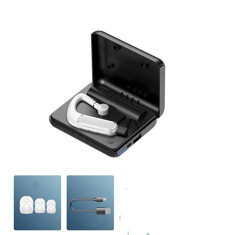 Black Bluetooth earphones with hanging ear design shown with three pairs of silicone ear caps and charging cable