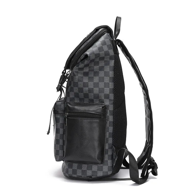 Korean casual checkered print backpack in black with curved shoulder straps