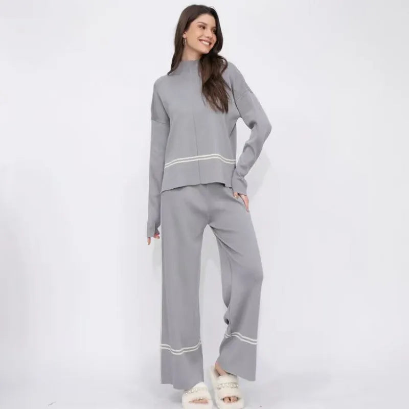 Women's knitted two-piece set with long-sleeve top and pants in five colours, autumn winter casual wear