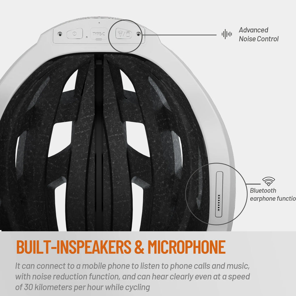Black and grey smart cycling helmet with integrated Bluetooth and LED warning lights for adult riders