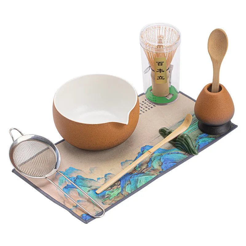 Guyun matcha eight-piece ceramic set including bowl, stand, spoon, strainer, sifter, mat, and Jiangshan shelf in Chinese style