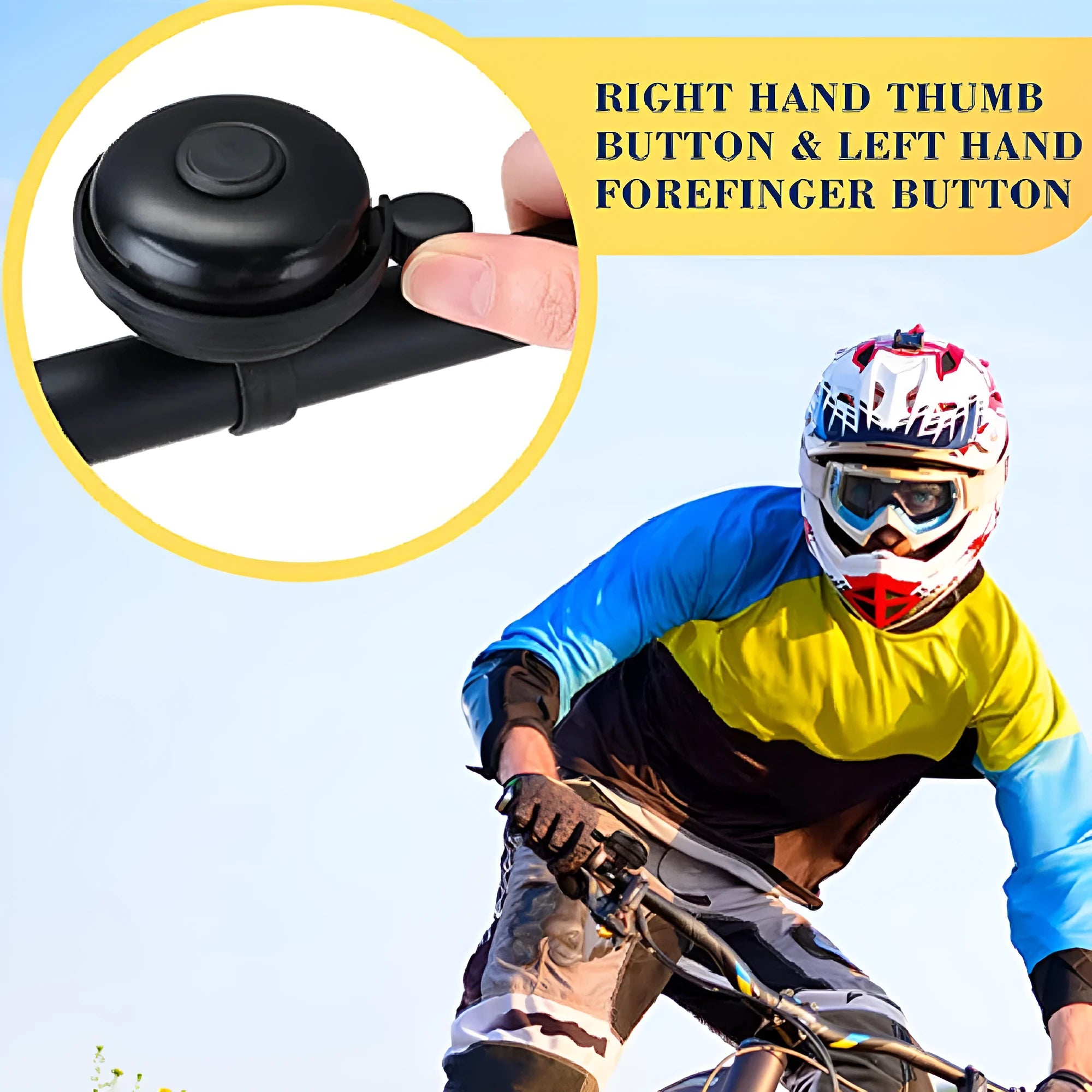 Black ABS plastic bicycle bell with 58mm diameter on a mountain bike handlebar fixture