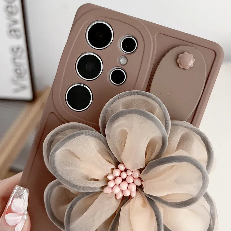 Brown frosted silicone phone case with built-in bracket and wrist strap for Samsung smartphone