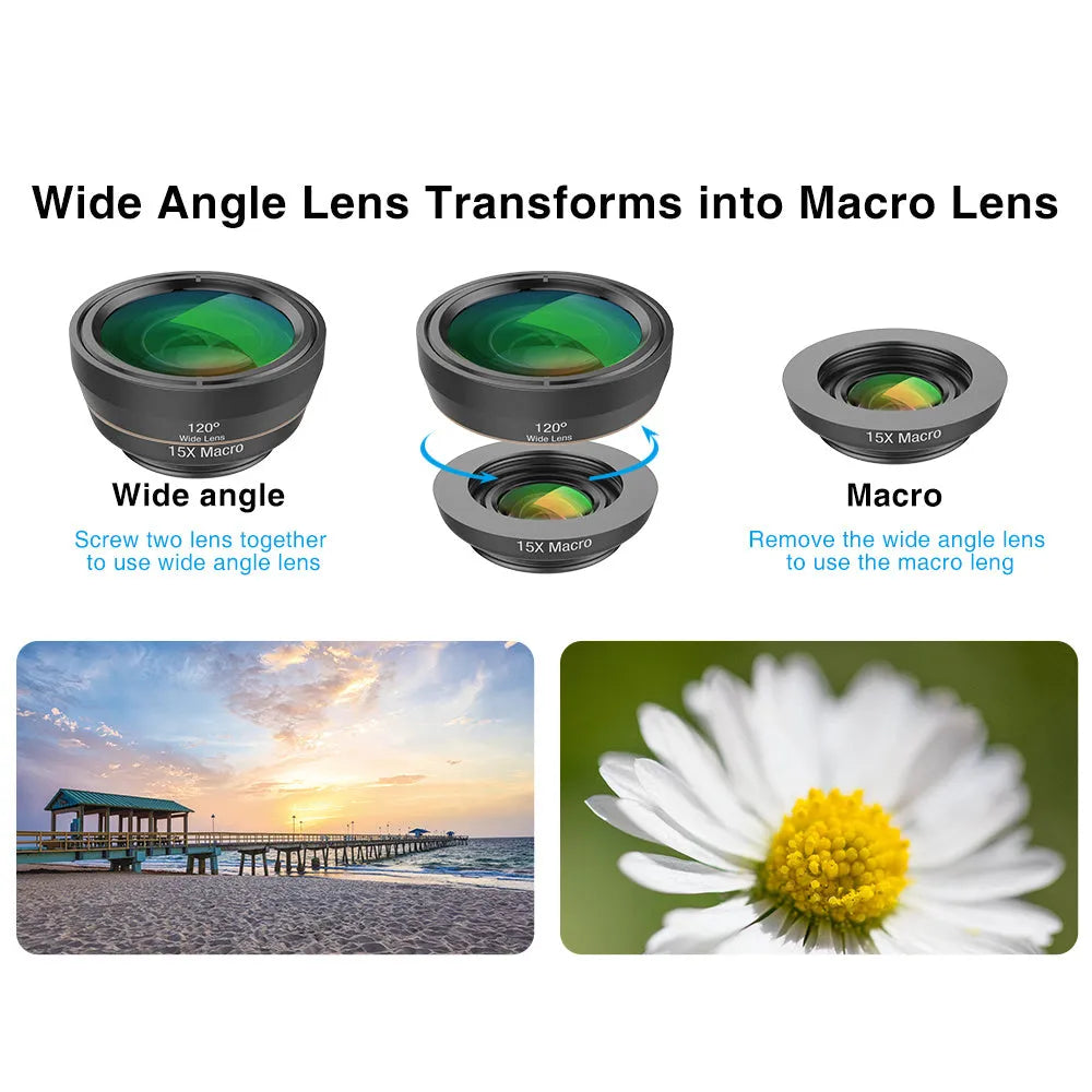 Black universal 6 in 1 smartphone camera lens kit showing fisheye, macro, wide-angle, telephoto, CPL and star filters with clip and case.