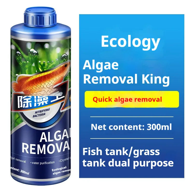 Bottle of eco-friendly algaecide for fish tanks and ponds, labelled for green algae removal and antibacterial use.
