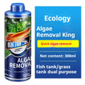 Bottle of eco-friendly algaecide for fish tanks and ponds, labelled for green algae removal and antibacterial use.