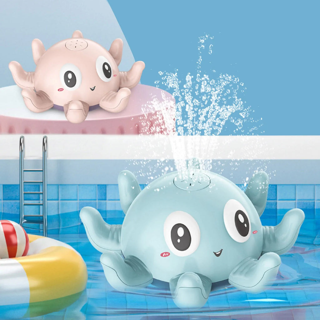 Blue or pink octopus-shaped bath toy that sprays water and flashes lights automatically