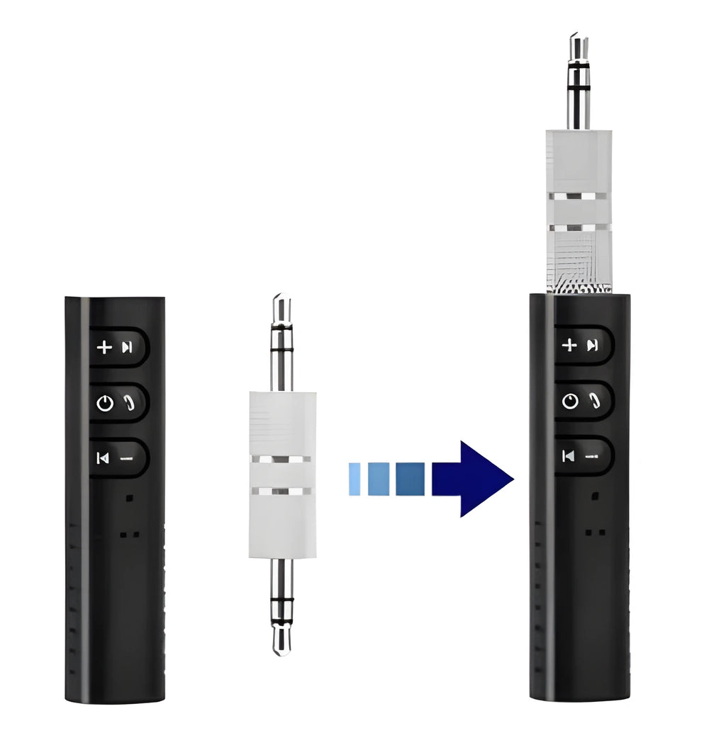 Bluetooth audio receiver with 3.5mm AUX plug in black, featuring V4.1 and 180mAh battery for wireless music and hands-free calls