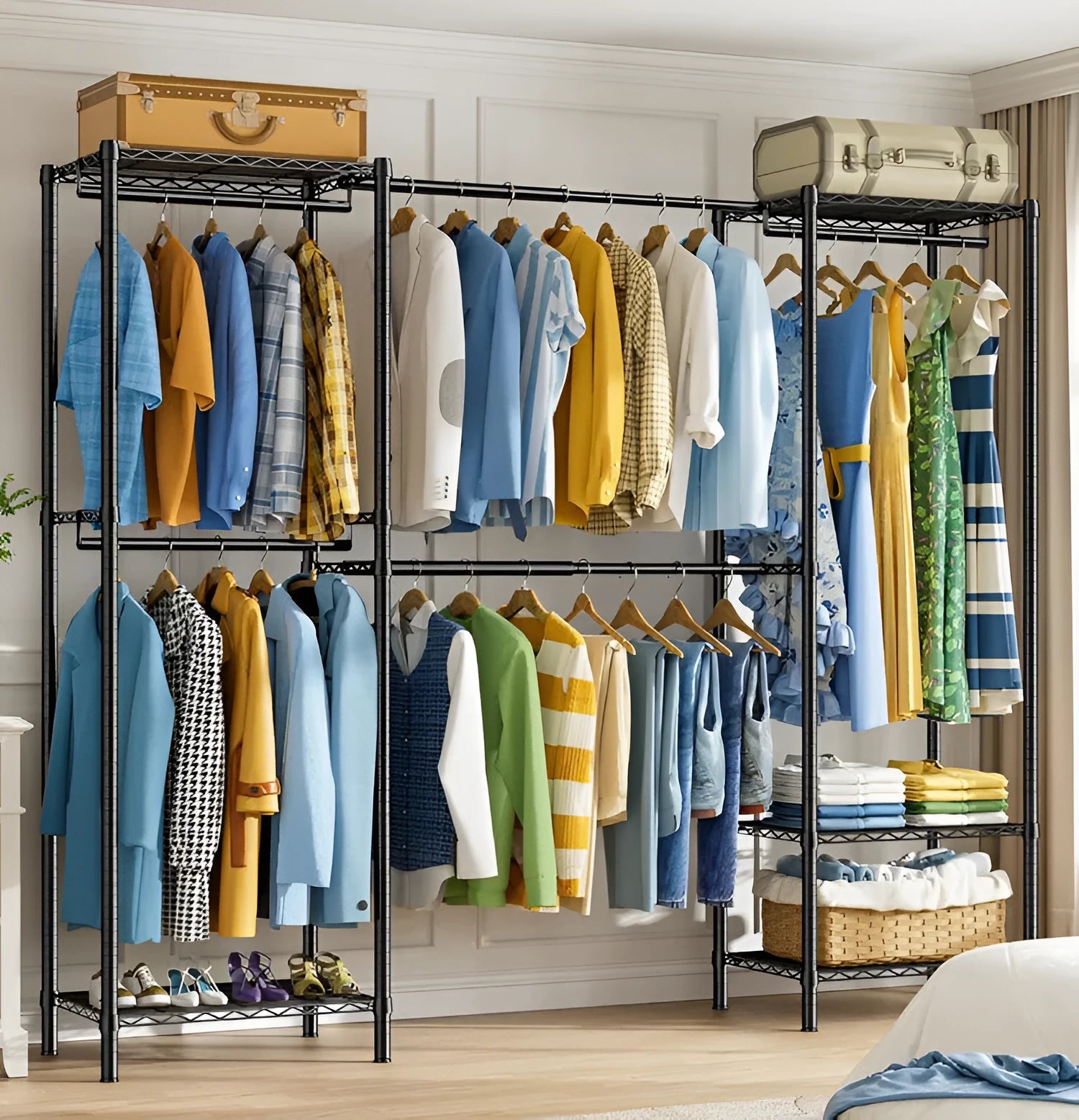 Black floor standing metal clothes storage rack with garments hanging