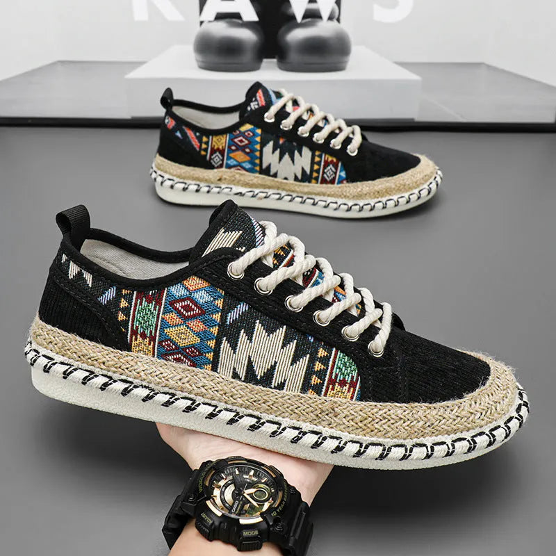 Men's summer casual shoes in beige and black with cloth uppers and slip-on design
