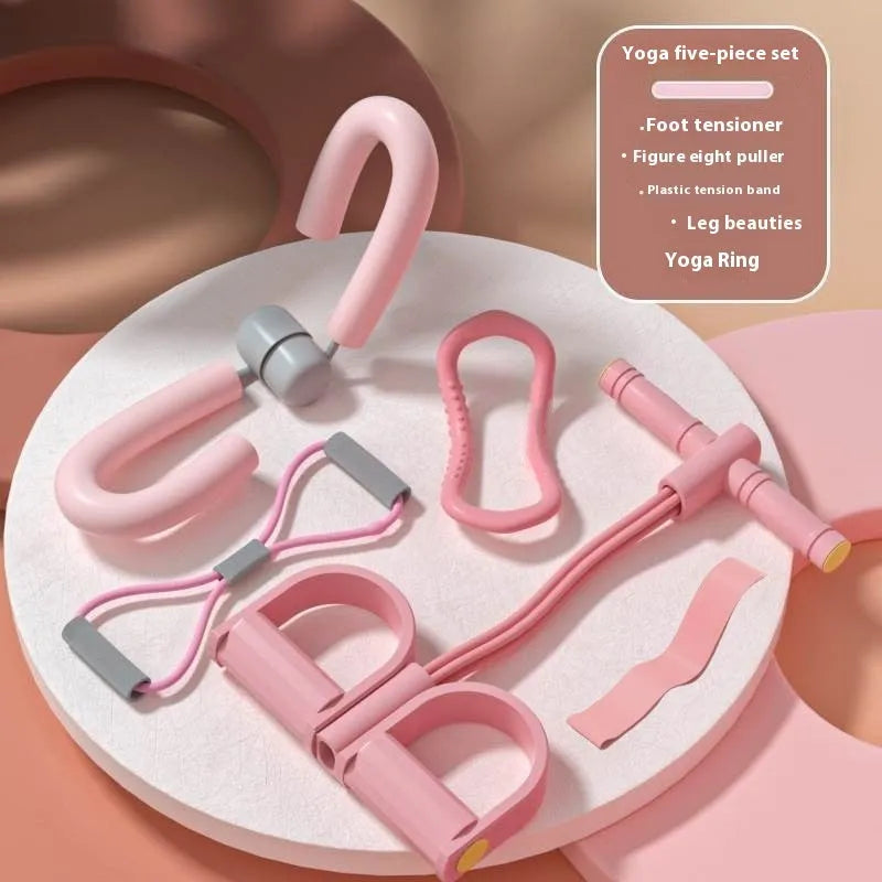 Yoga four piece fitness set showing leg stretcher, pedal resistance band, yoga ring, and figure-eight tension rope.