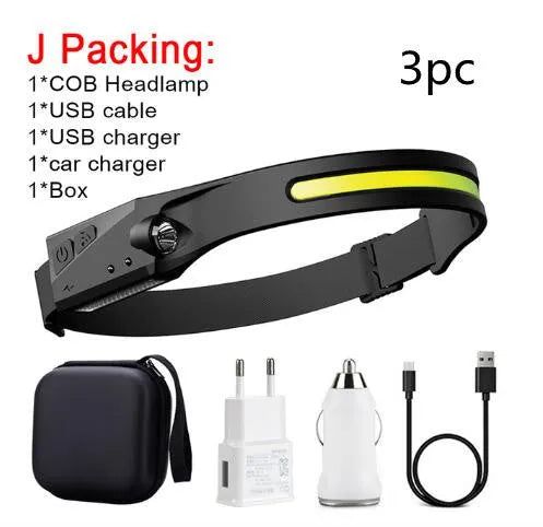 Black silicone USB rechargeable headlamp with side wave sensor and dual LED lights for wide and long-distance illumination.