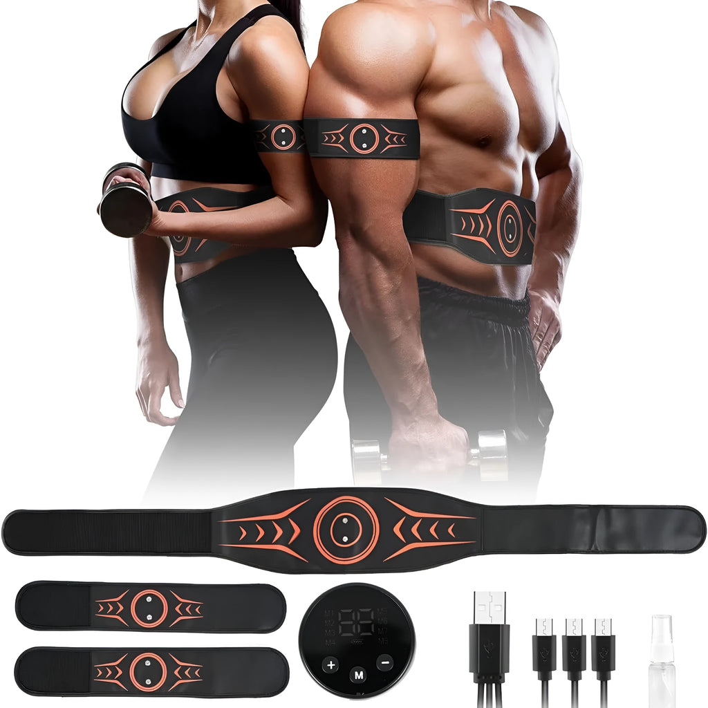 Rechargeable EMS massage belt with abdominal strap, arm stickers, and extension strap for muscle stimulation