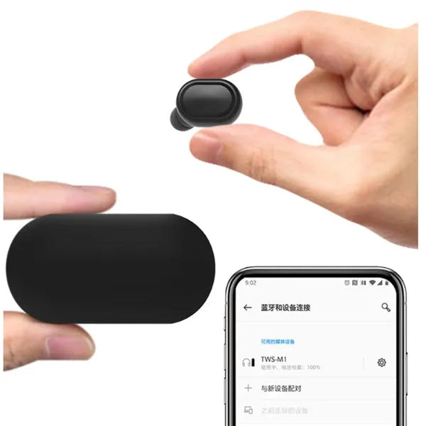 M1 Bluetooth wireless earbuds in black and white colours showing bilateral stereo design