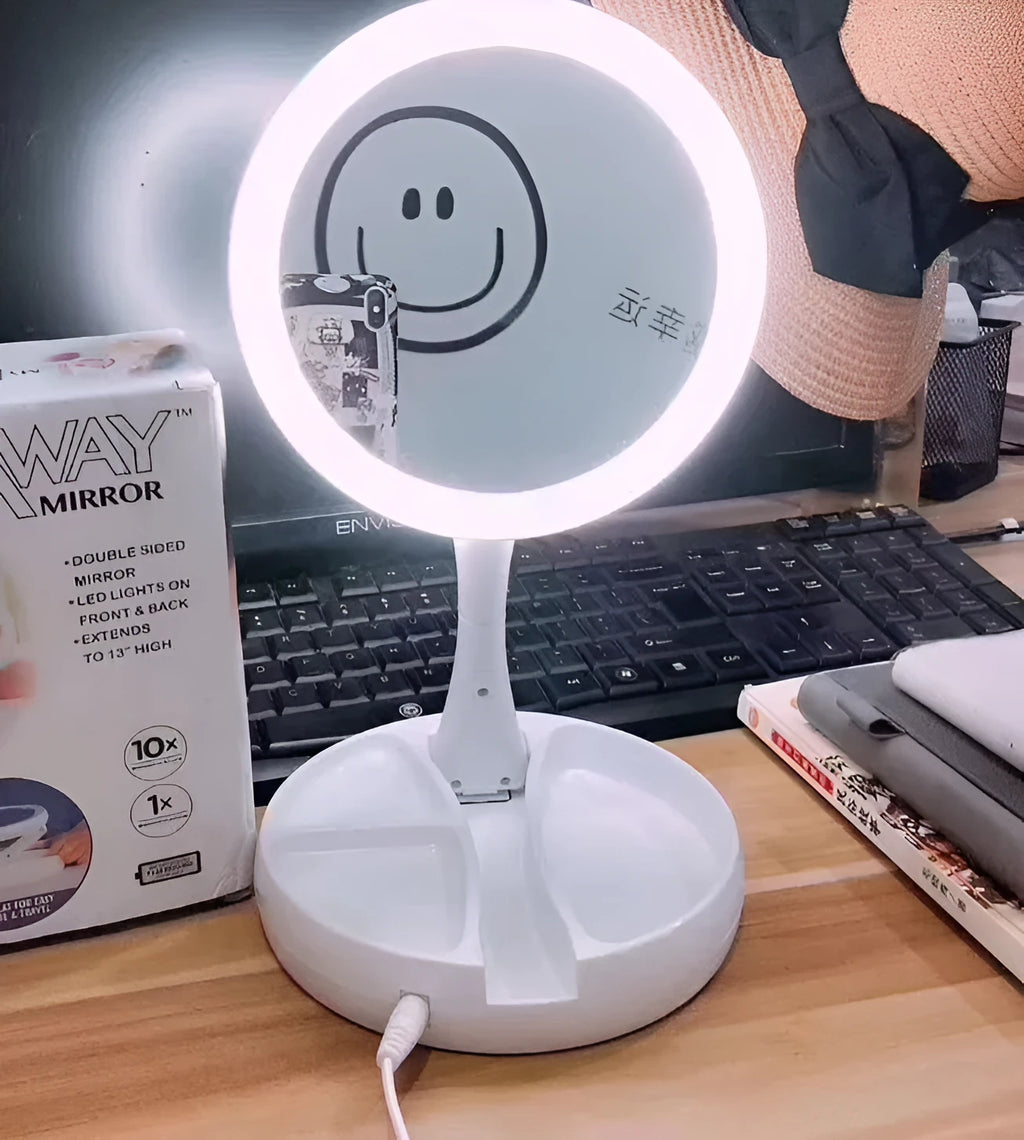 White acrylic LED vanity mirror with double-sided storage compartments and USB charging port