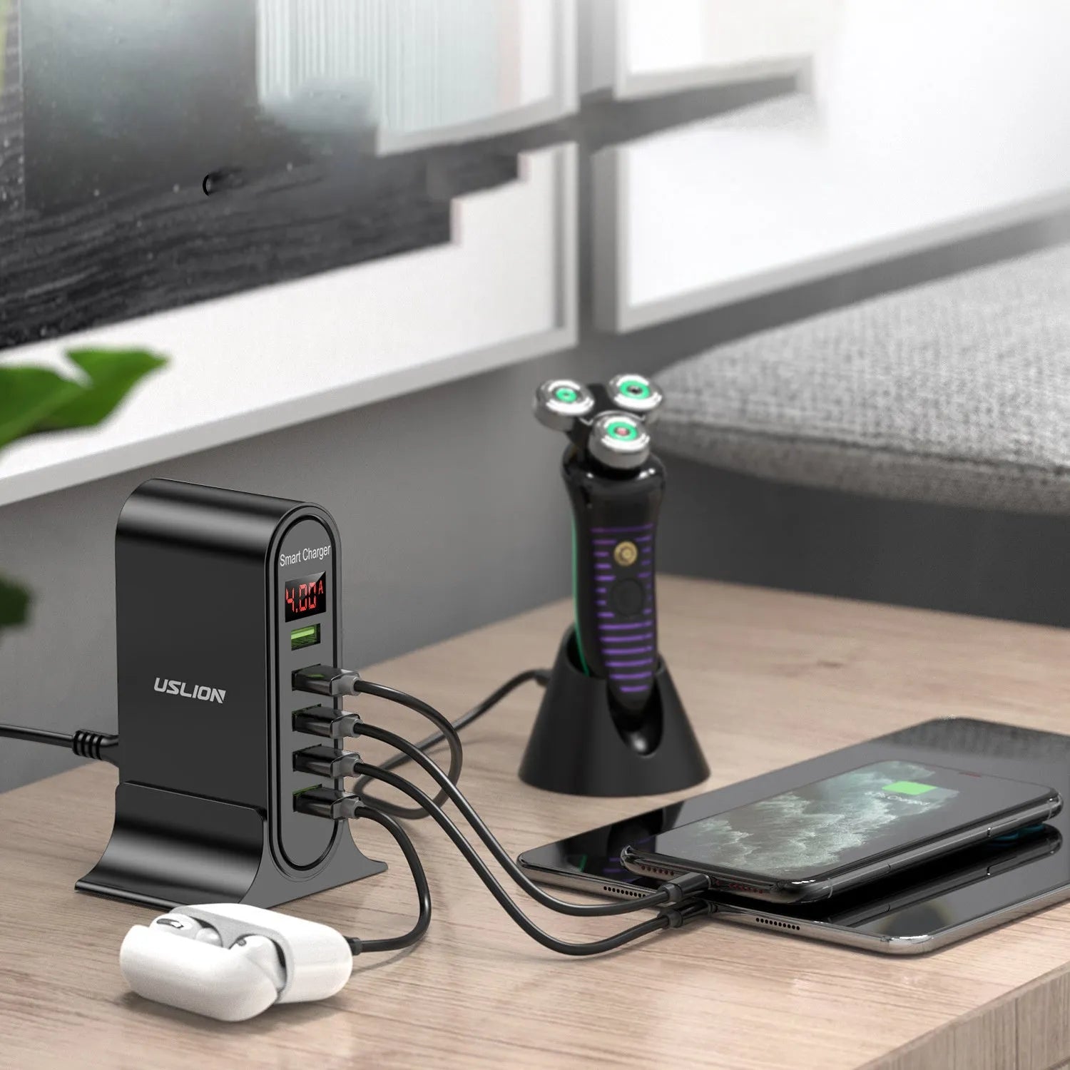 Smart LED Digital Display USB Charger in black or white with UK, EU, US plug options.