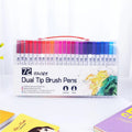 Set of watercolour brush pens with brush tips in a case, showing multiple colour options including reds, blues, and yellows.