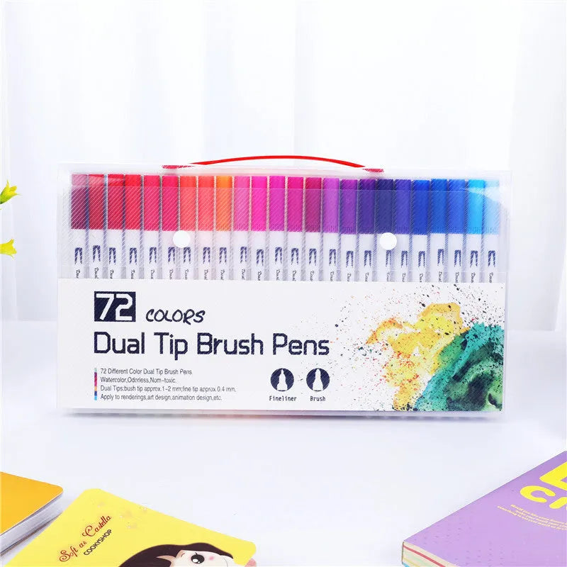 Set of watercolour brush pens with brush tips in a case, showing multiple colour options including reds, blues, and yellows.