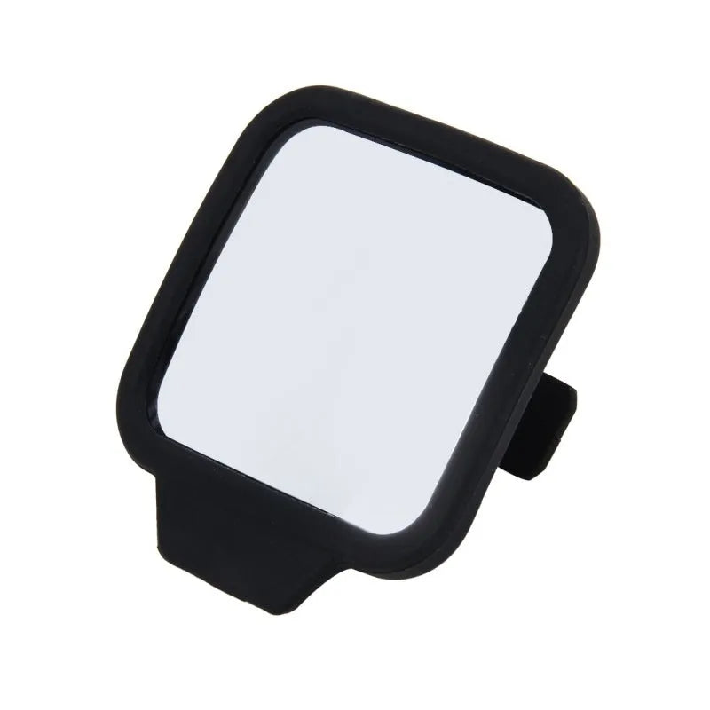 Compact car rear view mirror with plastic housing and glass surface, measuring 7x6x1cm.