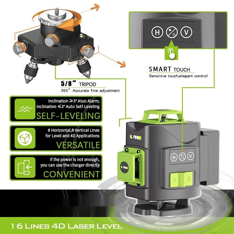 Green 16-line 3D self-leveling laser level unit with compact nylon and aluminium body