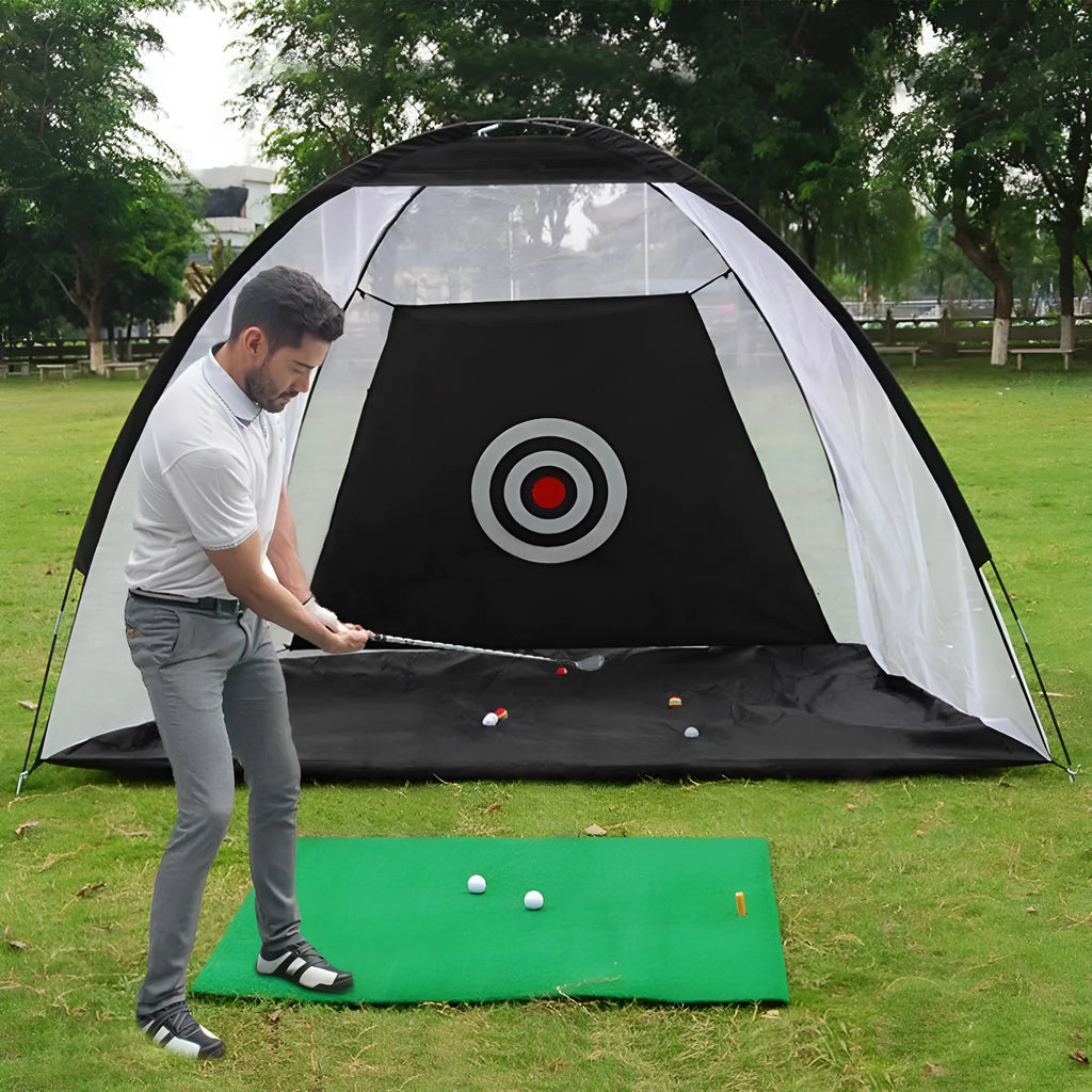 Golf practice net tent 2m fibreglass cage black and green front view with target sheet and ball collection floor
