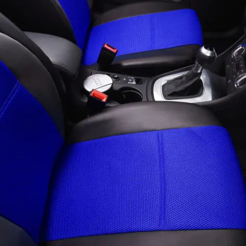 Artificial leather car seat cover set in black showing front seat and headrest pieces