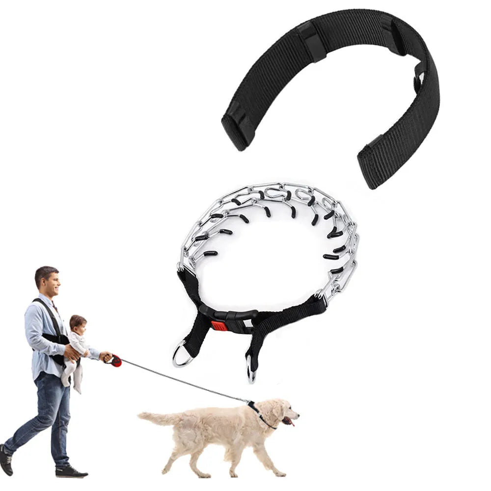 Dog training spike chain collar with a separate neck cover in reflective blue.