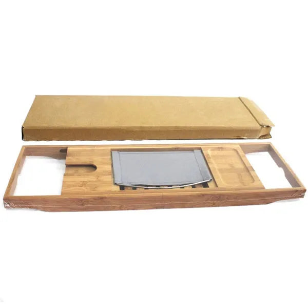 Bamboo bathtub storage frame for bathroom organisation with single-tier desktop design