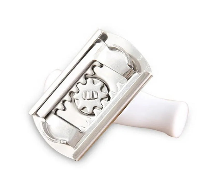 White adjustable stainless steel bottle cap opener with gear mechanism and textured handle.