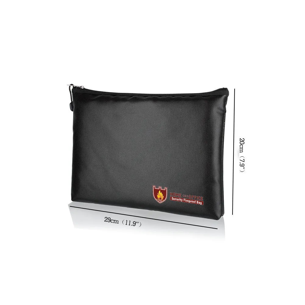 Black fireproof contract document bag showing three size options for secure paper storage