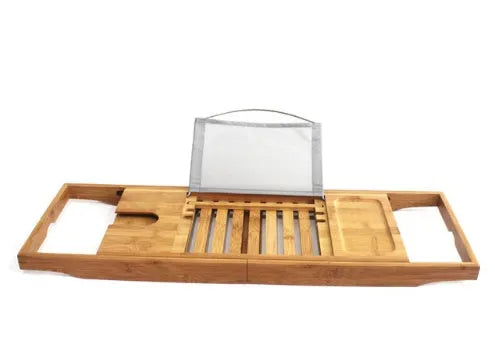 Bamboo bathtub storage frame for bathroom organisation with single-tier desktop design