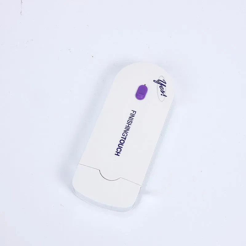 Finishing Touch rechargeable hair remover device with foil head and trimmer head on a white background