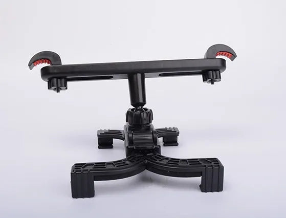 Black steel car headrest tablet holder mount holding an iPad for rear seat viewing
