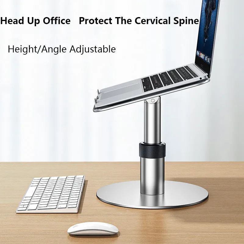 Silver aluminium car laptop stand with adjustable height and rotating base
