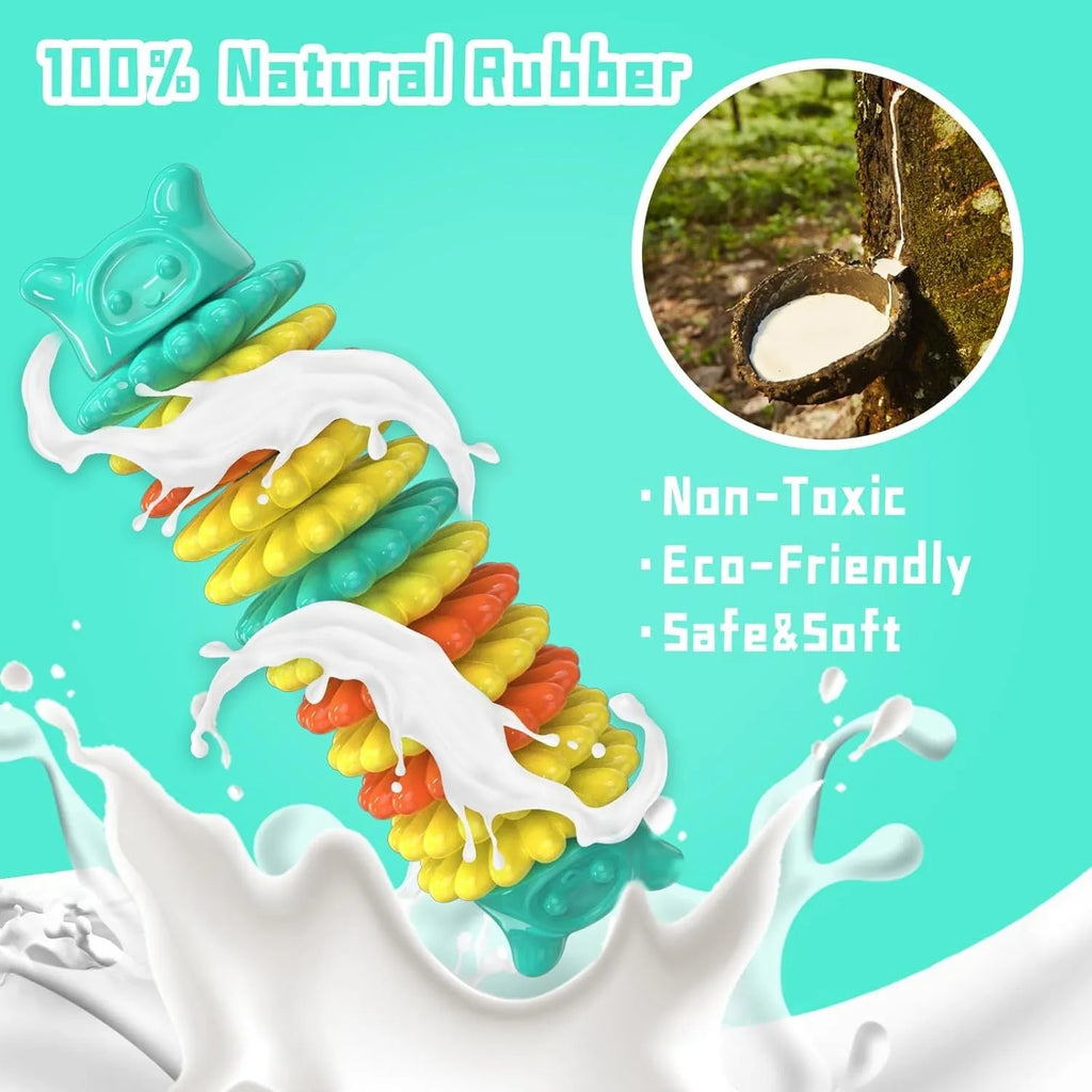 Blue caterpillar-shaped natural rubber dog chew toy for aggressive chewers measuring 17cm long