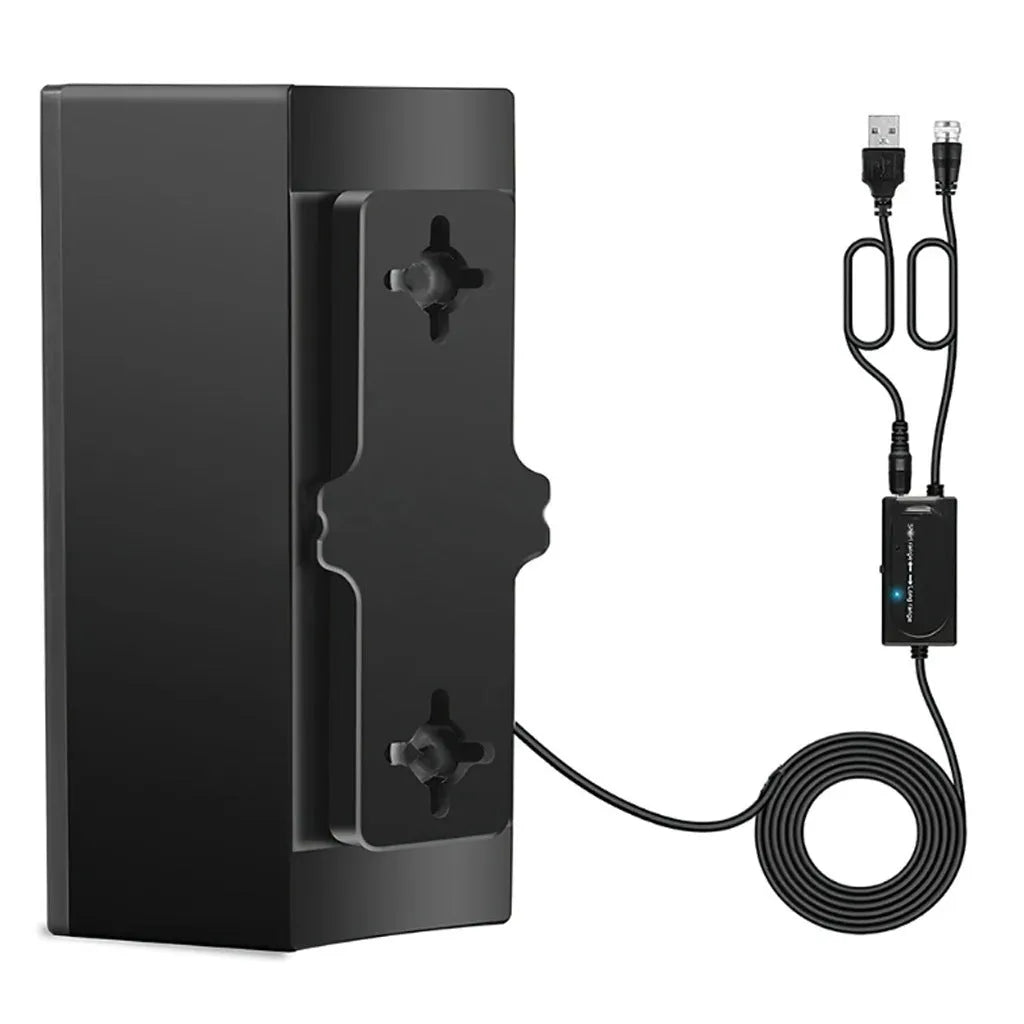 Black plastic digital television antenna with mounting accessories including screws and expansion tubes